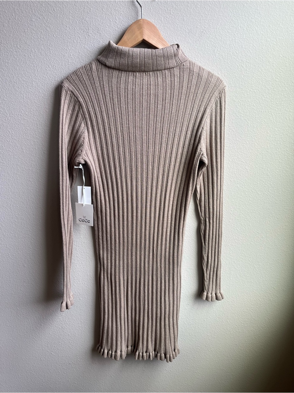 CeCe Long Sleeve Rib Turtleneck Sweater Minidress in Camel Tan Preppy Minimalist - Picture 8 of 12